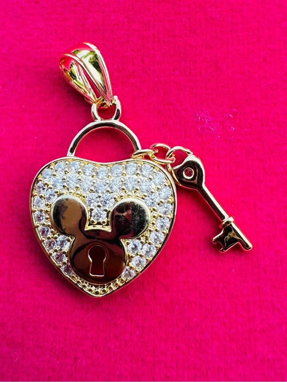 Gold Filled Mouse Heart Lock & Key CZ Pendant